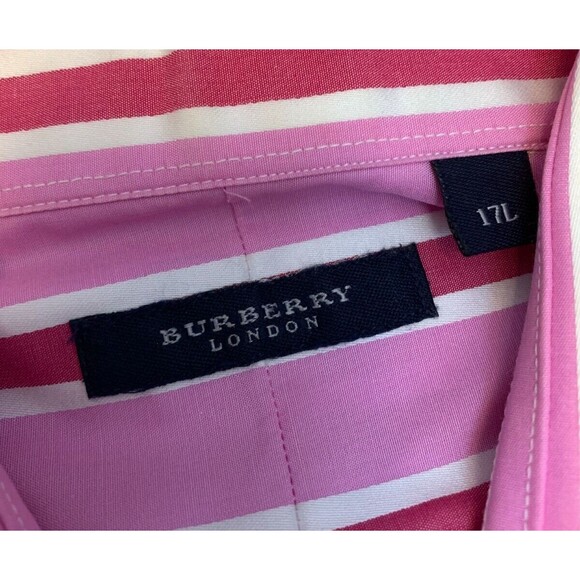 Burberry Striped Dress Dress Shirt Mens 17 Long Sleeve Cotton Pink Button Up - Picture 7 of 8